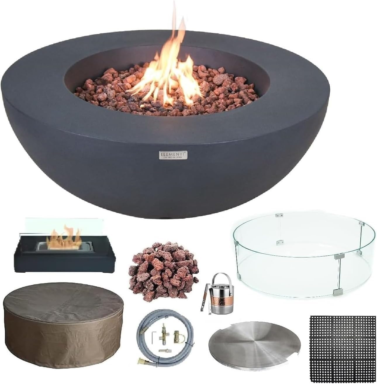 AMS Fireplace Elementi Lunar Bowl Cast Concrete Fire Table Bundle, Outdoor Fire Pit Fire TablePatio Furniture, Dark Gray (Natural Gas)