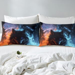 Fire Wolf Duvet Cover Full Size,Ice and Flame Wolf Bedding Set 3Pcs,Kids Boys Teens Adults Home Decor,Wild Animal Hunting Theme Comforter Cover,3D Cool Wildlife Quilt Cover,2 Pillowcases(No Comforter