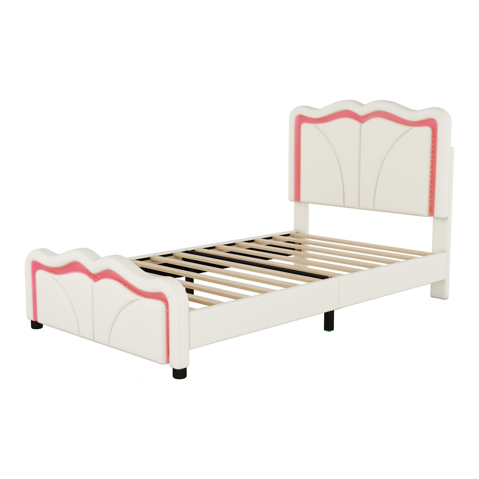 MERITLINE Twin Size Bed with Height-Adjustbale Headboard & LED Light Strips, Upholstered Twin Platform Bed Frame for Bedroom, White