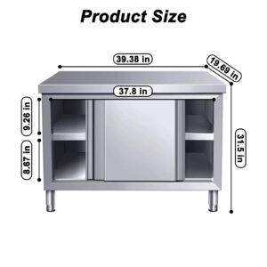 EHONXI Stainless Steel Commercial Worktable w/Sliding Doors for Prep & Work, 39" x 20" Commercial Kitchen Prep Table, Heavy Duty Workbench w/Cabinet for Home, Restaurant, Hotel and Garage