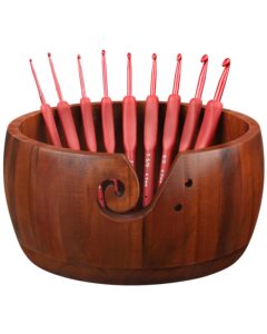 large yarn bowl holder, 8.7''knitting bowl with 9pcs crochet hooks, wooden yarn holder dispenser yarn storage bowls for crocheters knitters craft (brown 8.7inch)