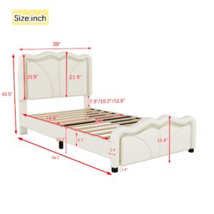 MERITLINE Twin Size Bed with Height-Adjustbale Headboard & LED Light Strips, Upholstered Twin Platform Bed Frame for Bedroom, White