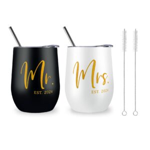 ELEGANTPARK Mr and Mrs Gifts Wedding Gifts for Couples 2024 Engagement Newlyweds Wedding Gifts for Bride and Groom Cups Stainless Steel Mr & Mrs Wine Tumbler with Lid and Straw 12 OZ