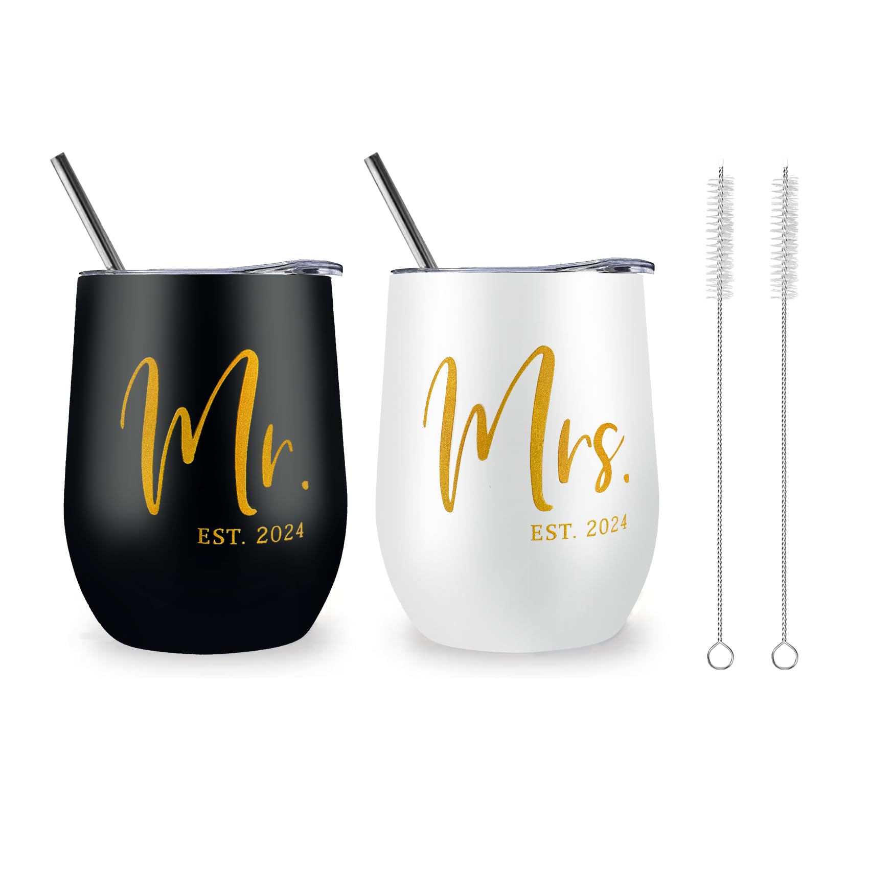 ELEGANTPARK Mr and Mrs Gifts Wedding Gifts for Couples 2024 Engagement Newlyweds Wedding Gifts for Bride and Groom Cups Stainless Steel Mr & Mrs Wine Tumbler with Lid and Straw 12 OZ