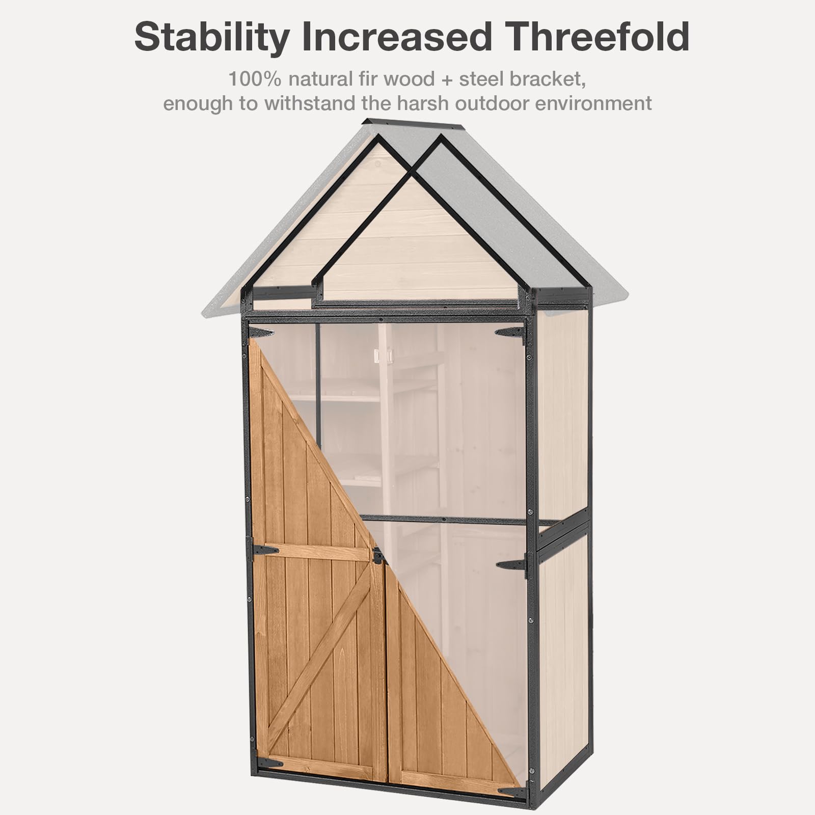 MEDEHOO Outdoor Storage Shed with Floor and Waterproof Roof - Metal Framed Tool Cabinet with Adjustable Shelves - Double Lockable Doors for Backyard, Garden, Patio (Brown)