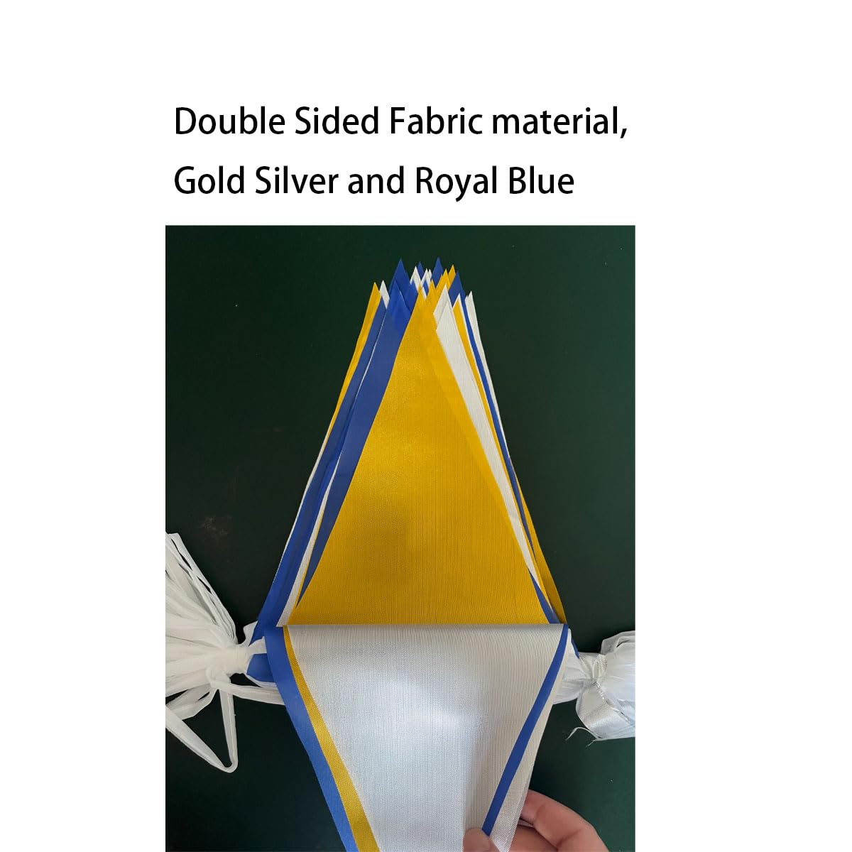 20 Meters 65.6ft Gold Silver and Royal Blue Banner Party Decorations Metallic Golden Pennant Bunting, Double Sided Fabric Triangle Flags Garland for Baby Shower Graduation Wedding Hen Party Birthday