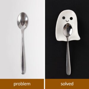 Whaline 4Pcs 2.8inch Halloween Mini Ceramic Spoon Rests White Ghost Small Coffee Spoon Holder for Coffee Stirrers Teaspoon Bar Spoon Coffee Station Bar Accessories