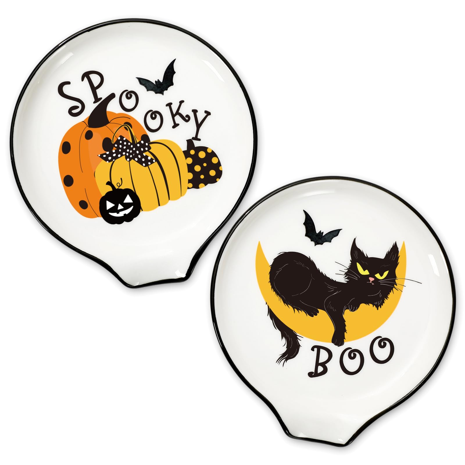 Whaline 2Pcs 4.7inch Halloween Ceramic Spoon Rest Spooky Pumpkin Black Cat Small Coffee Spoon Holder for Coffee Stirrers Teaspoon Bar Spoon Coffee Station Bar Accessories