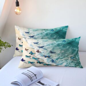 CCoutueChen Sea Butterfly Comforter Set Queen Size Tropical Ocean Beach Bedding Sets Hawaii Coastal Comforter Blue Ocean Animal Bed Set 3Pcs Soft Fluffy Lightweight Comforter (Girls Women Adult)