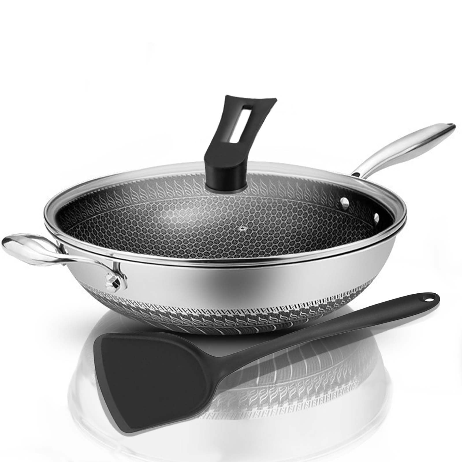 BigNoseDeer Wok Pan With lid Hybrid Nonstick 12.5Inch Honeycomb work With Handle Woks & Stir-Fry Pans Nonstick PFOA Free Cookware Suitable for Induction Ceramic Electric and Gas Cooktops