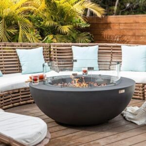 AMS Fireplace Elementi Lunar Bowl Cast Concrete Fire Table Bundle, Outdoor Fire Pit Fire TablePatio Furniture, Dark Gray (Natural Gas)