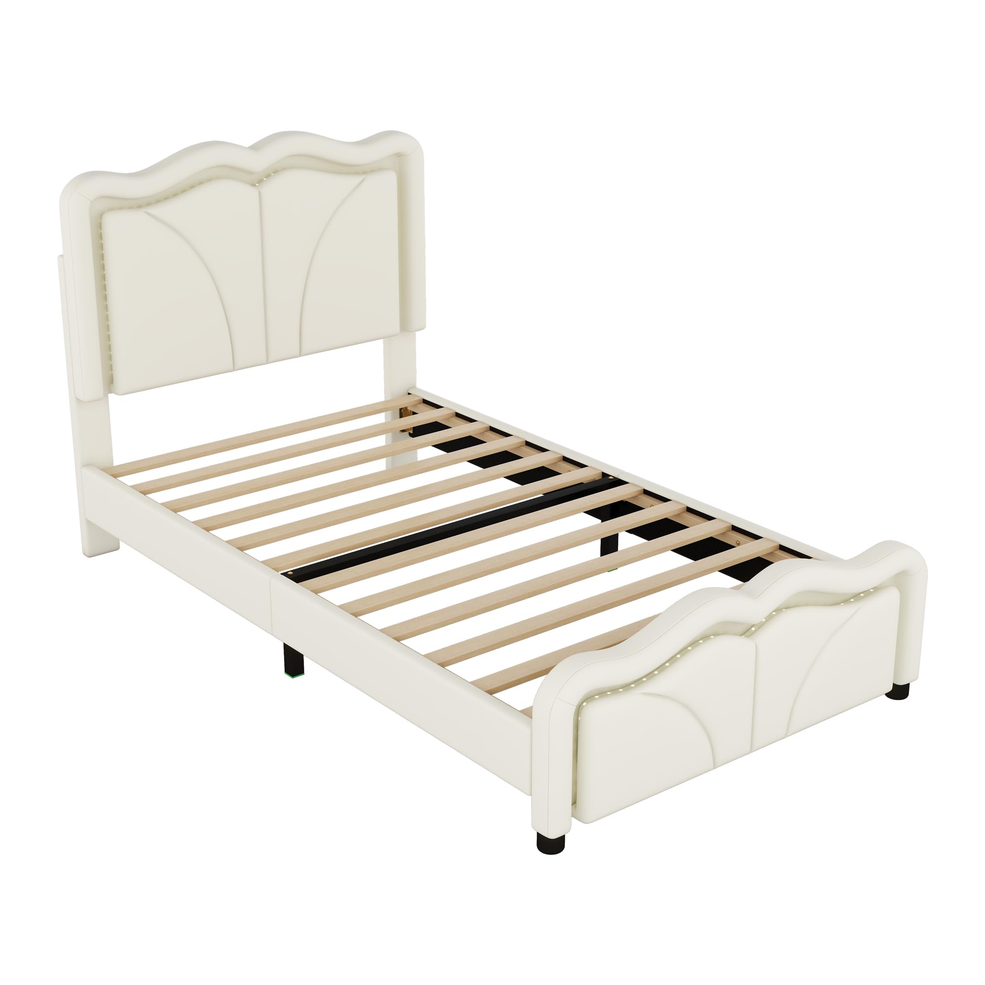 MERITLINE Twin Size Bed with Height-Adjustbale Headboard & LED Light Strips, Upholstered Twin Platform Bed Frame for Bedroom, White