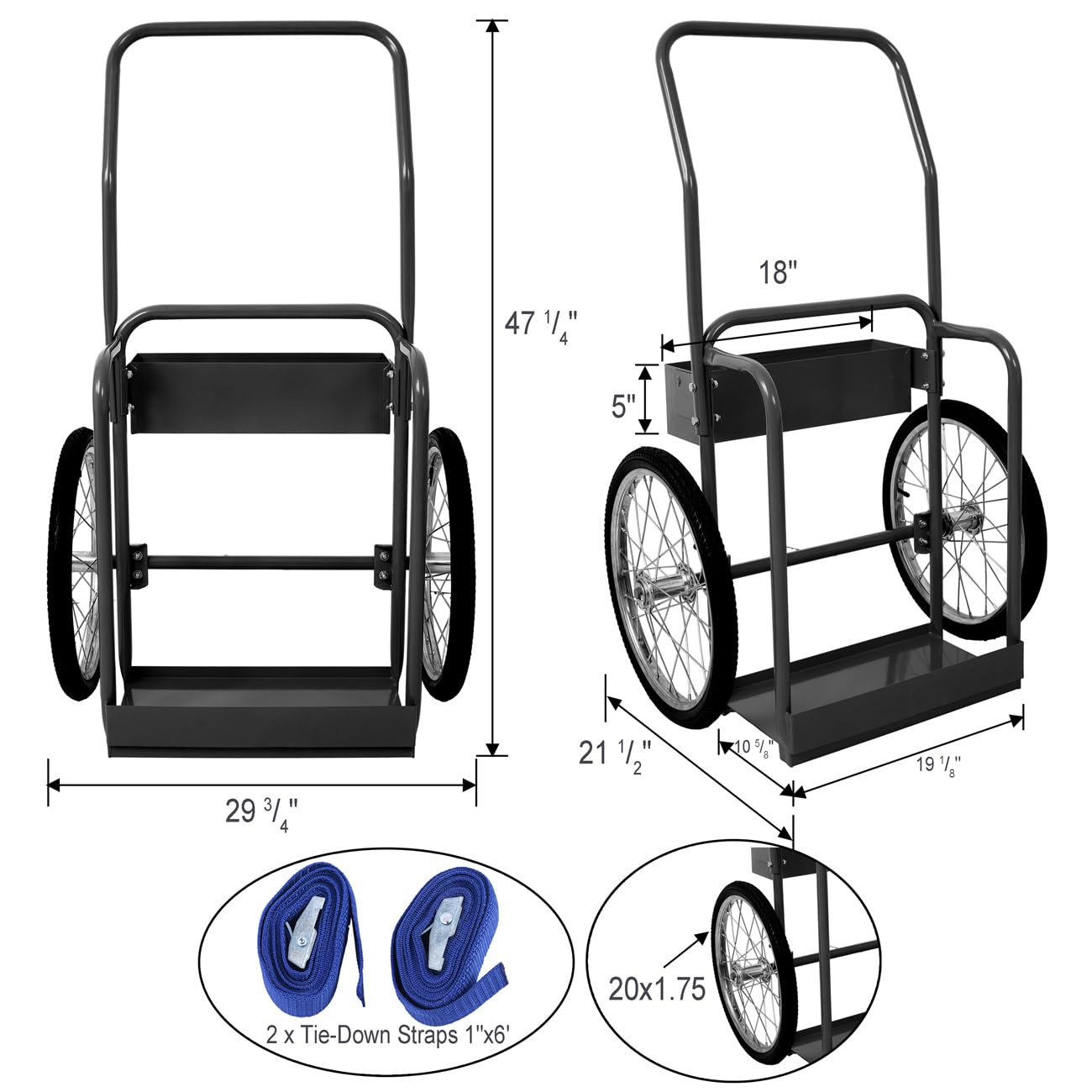 Large Dual Oxygen Tank Cart Dolly, Double Cylinder Cart, Full Range, High Rail, with Lifting Eye and Firewall, 20" Pneumatic Wheels Includes Two Fastening Belts (Black)