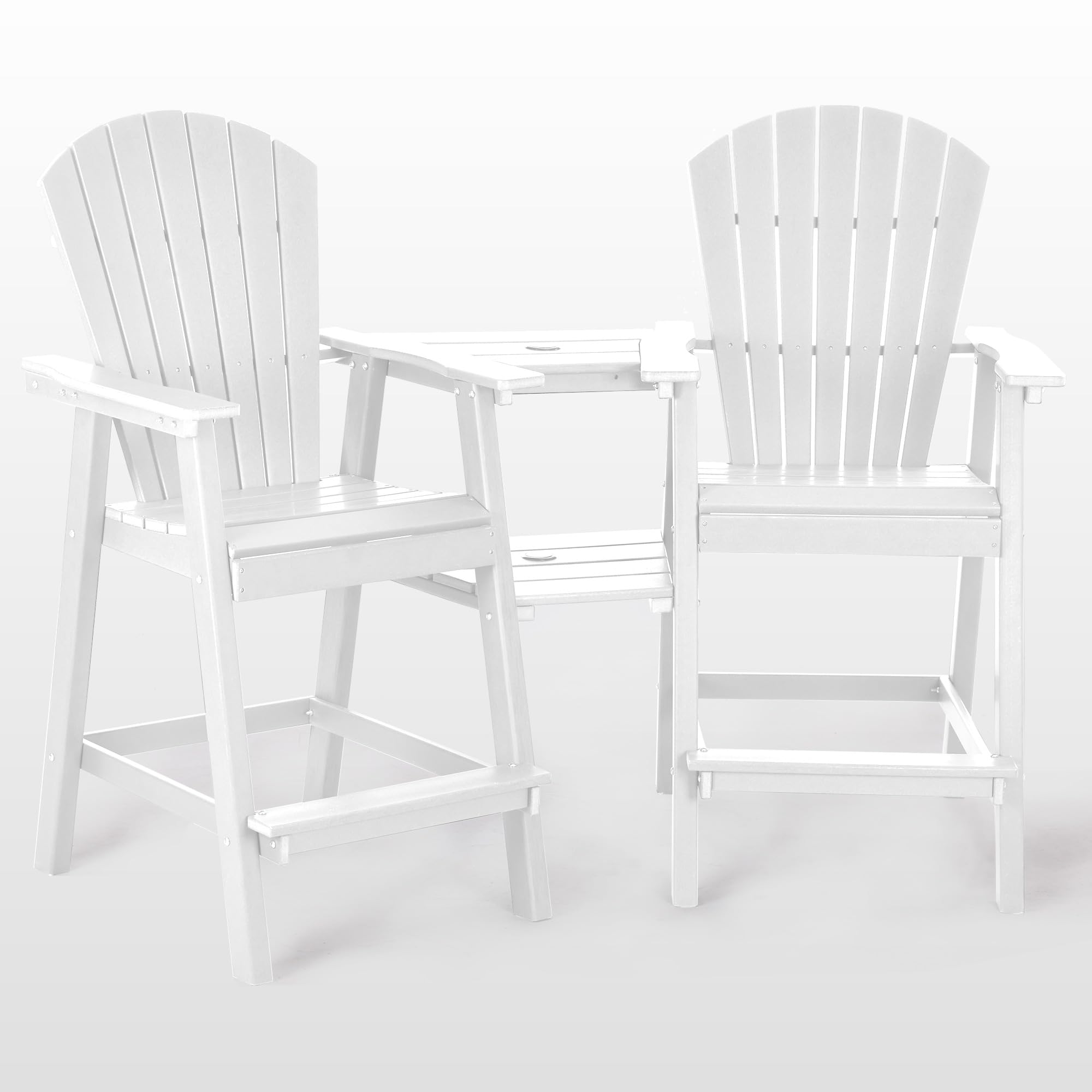 NAVINE Tall Adirondack Chairs Set of 2, HDPE Balcony Chair with Double Connecting Tray, Weather Resistant Outdoor Adirondack Bar Stools for Patio, Deck, Patio, Backyard, Balcony.(White)