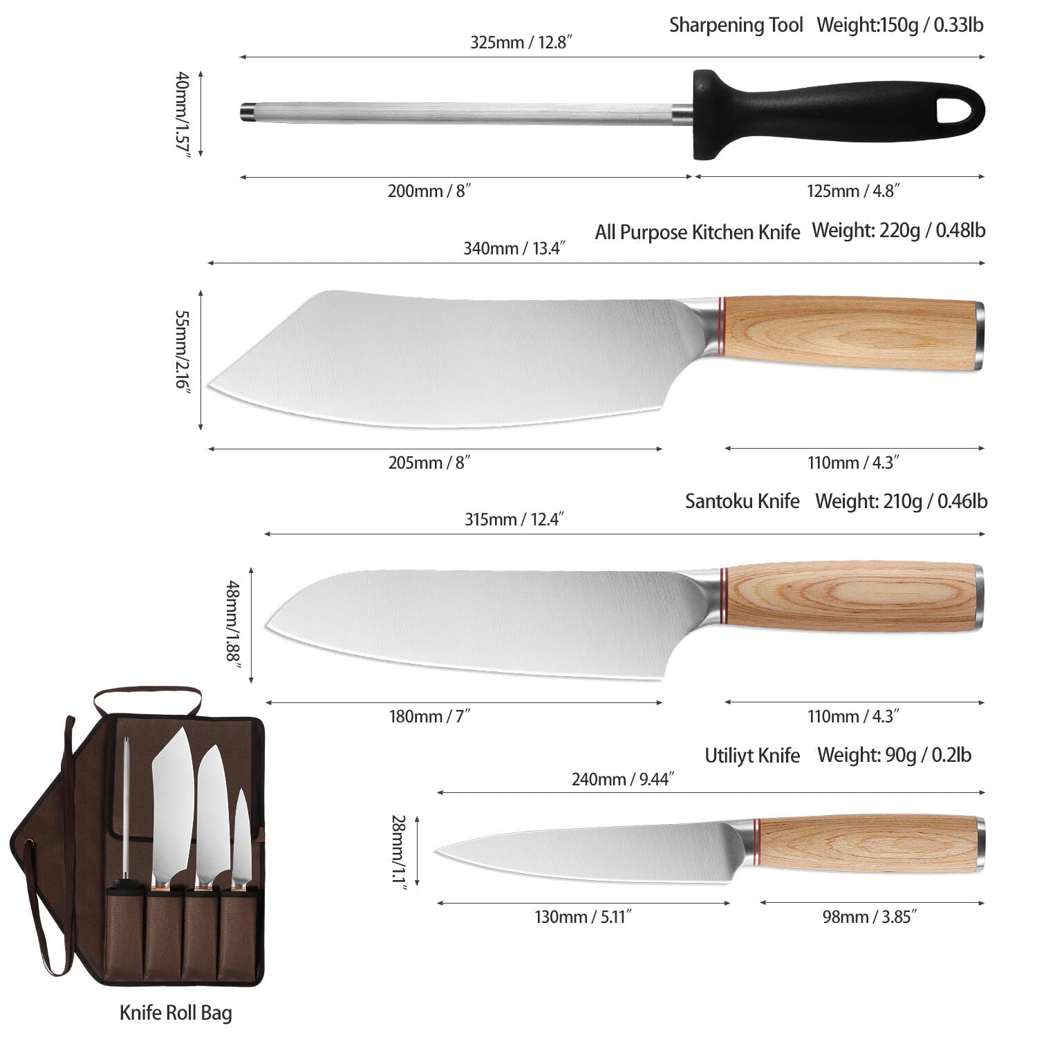 KOFERY Chef Knife Set with Bag - Portable and Versatile for Camping, Cooking, and Everyday Use, Complete with a Travel Case for Safe Storage (Include Sharpening Steel)