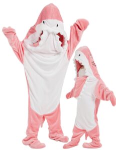 nafleap wearable blanket hoodie kids shark dinosaur onesie costume gifts for girls, shark pink, 140