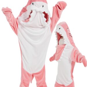 NAFLEAP Wearable Blanket Hoodie kids Shark Dinosaur Onesie Costume Gifts for Girls, Shark pink, 140