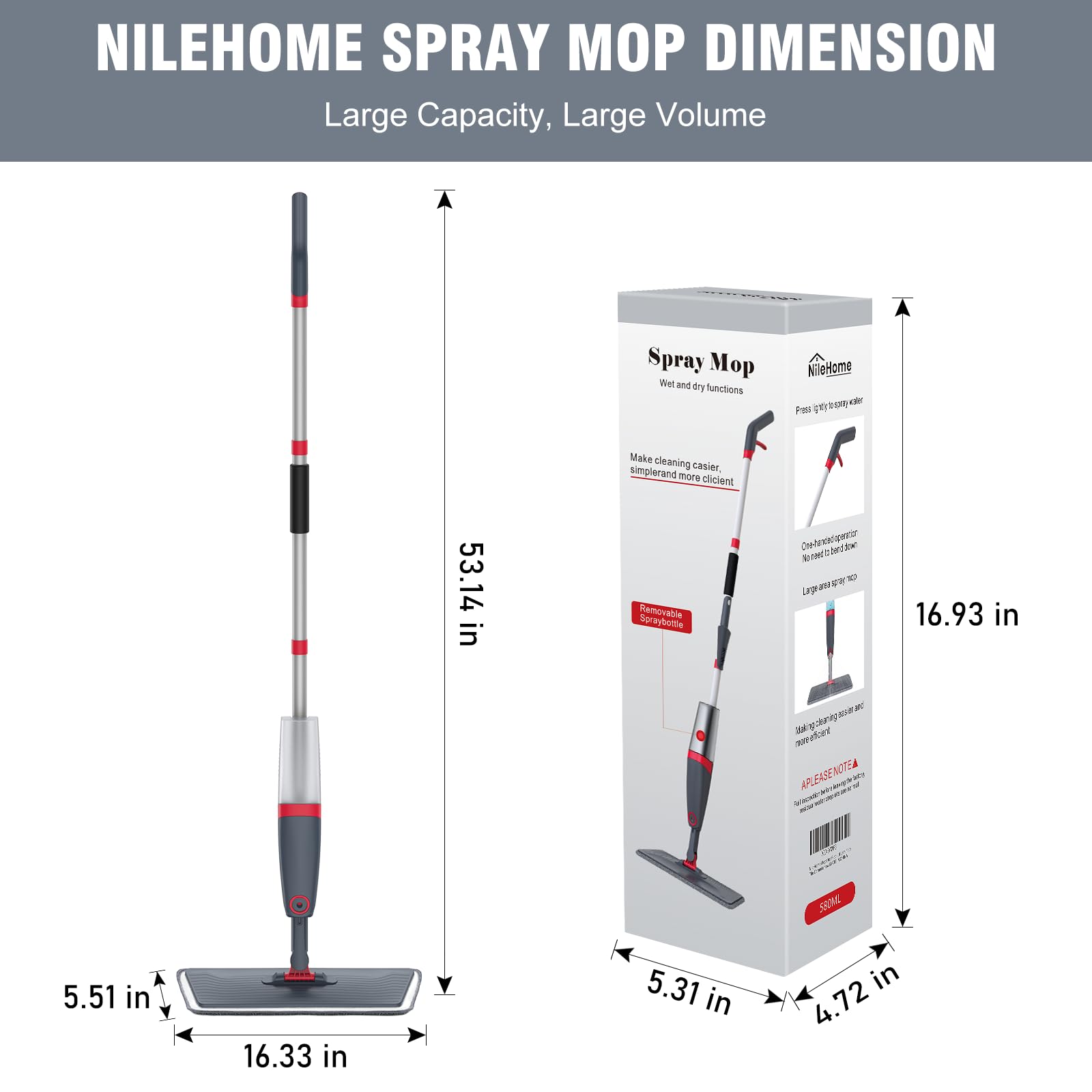 NileHome Spray Mops for Floor Cleaning, Microfiber Spray Mop with 580ml Refillable Bottle and 3 Replacement Pads Floor Mop for Household or Commercial Use Dust Mop for Hardwood Laminate Tile Ceramic