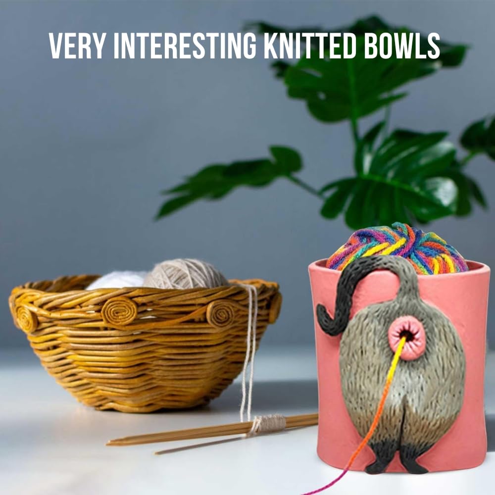 Yarn Bowls for Crocheting Knitted Cat Butt Wool Ornament ABS Craft Knitting Bowl with 5PCS Knitting Needles (Grey)