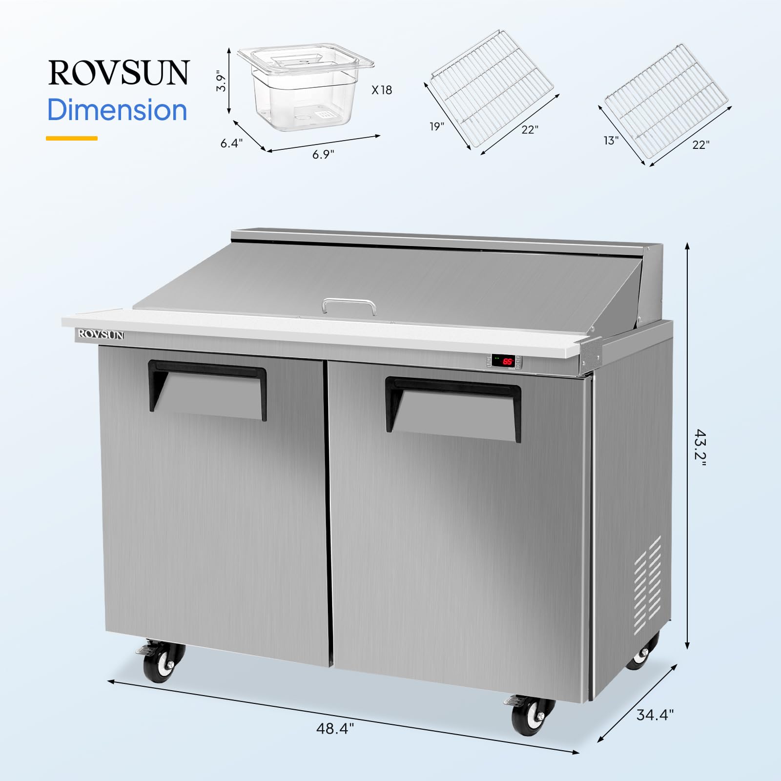 ROVSUN 48"W Sandwich & Salad Prep Table Refrigerator ETL NSF Certified, 13.1 Cu.Ft Commercial Refrigerator Salad Bar Stainless Steel w/18 Pans Cutting Board Lockable Wheels Double Doors for Restaurant