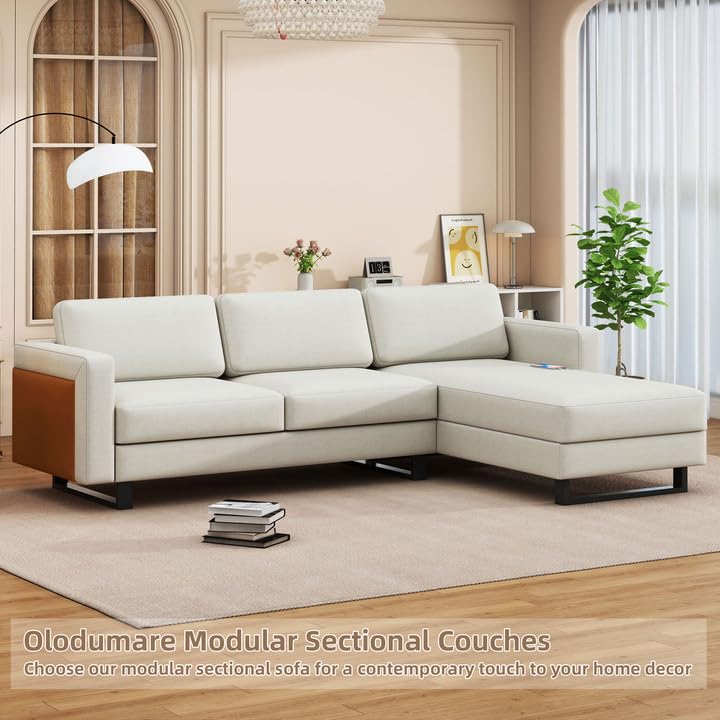 Olodumare Convertible Sectional Sofa, L Shaped Couch with Reversible Chaise for Small Space, 3 Seat Sofa with USB Port, Linen Fabric, for Living Room, Office, Apartment, Beige