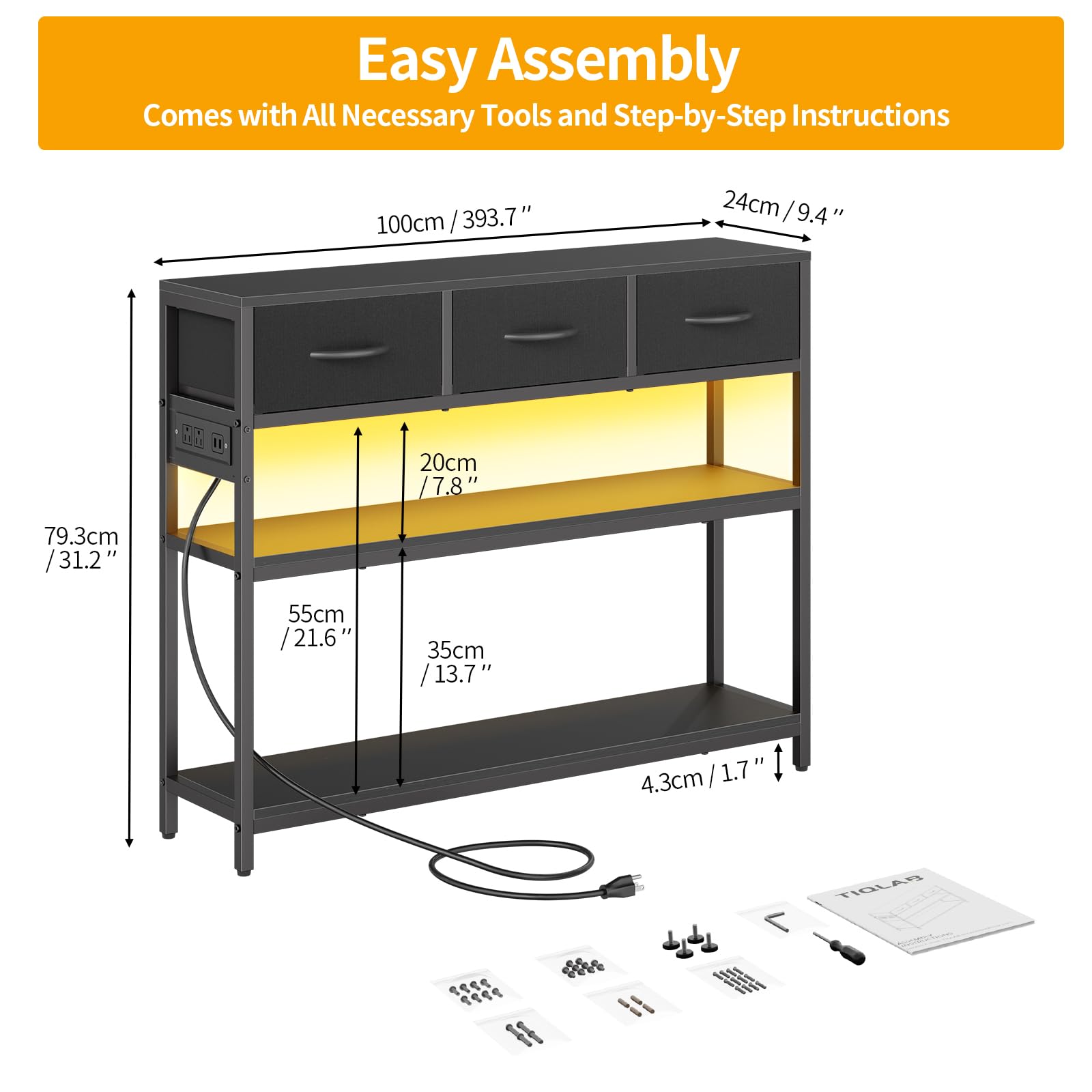TIQLAB 39.5 inch Entryway Table with Power Outlets, Console Table with 3 Drawers and 2-Tier Shelves, Sofa Table, Entry Table for Hallway, Foyer, Living Room, Black