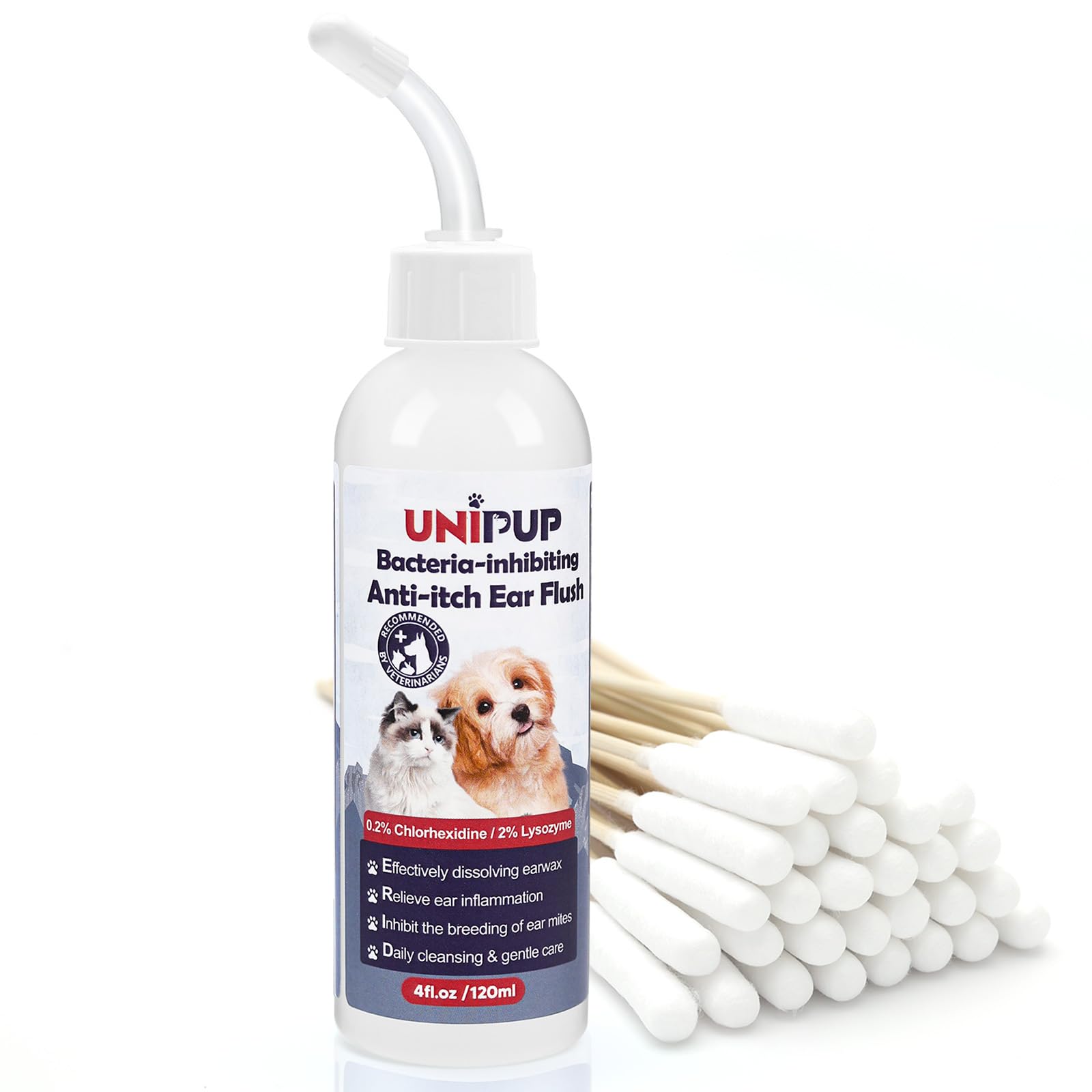 UNIPUP Dog Ear Cleaning Solution，Ear Infection Treatment for Dogs & Cats to Mitigate Itching, Inflammation, and Odor for Maintaining Ear Hygiene, with 30 Cotton Swabs, 4 oz