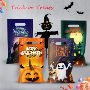 Artby7 50 Pcs Halloween Crafts Plastic Bag With Die Cut Handle, 6.5''x10'' Trick or Treat Bags Goodie Bags Halloween Candy Gift Bags for Halloween Party Favors Supplies Decorations