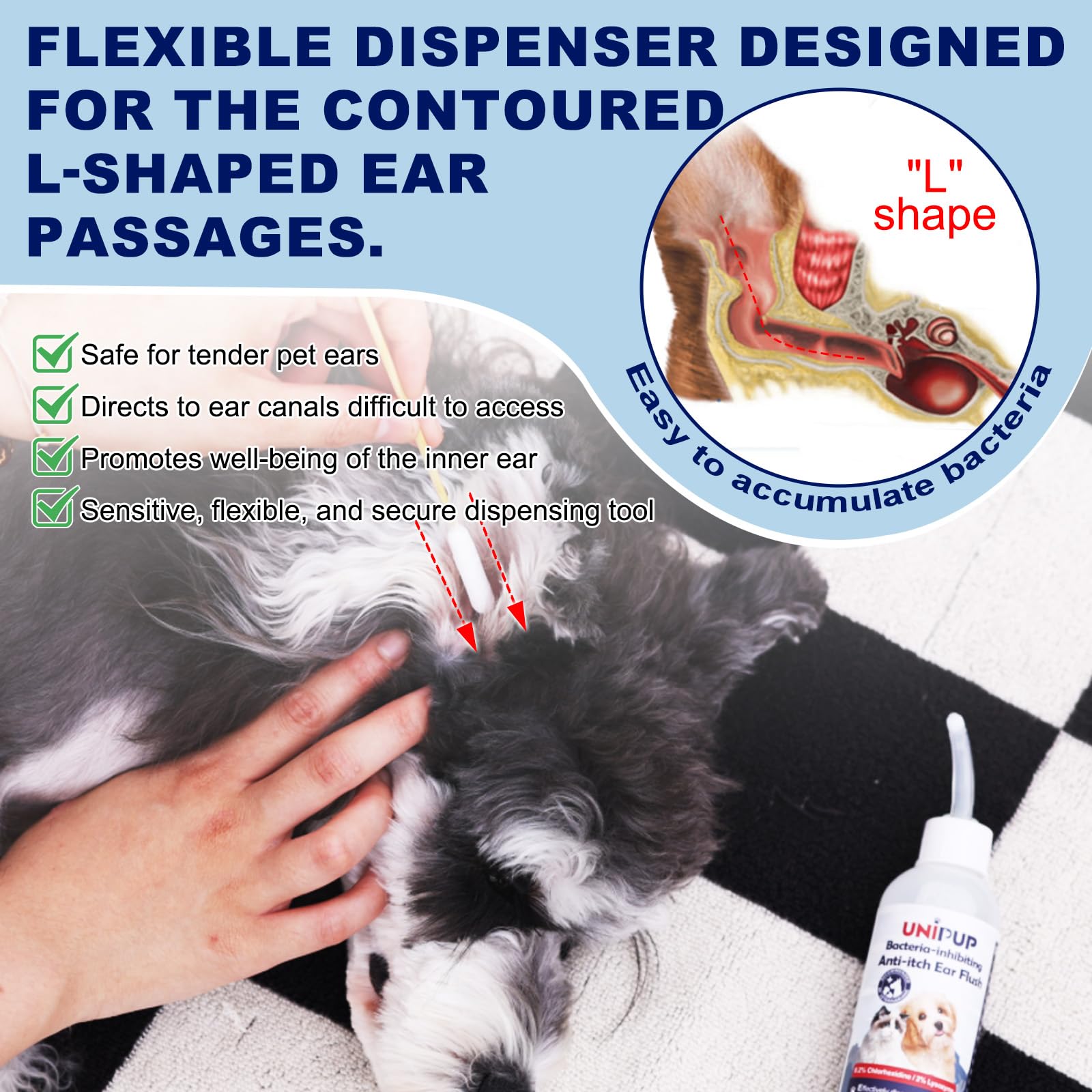 UNIPUP Dog Ear Cleaning Solution，Ear Infection Treatment for Dogs & Cats to Mitigate Itching, Inflammation, and Odor for Maintaining Ear Hygiene, with 30 Cotton Swabs, 4 oz