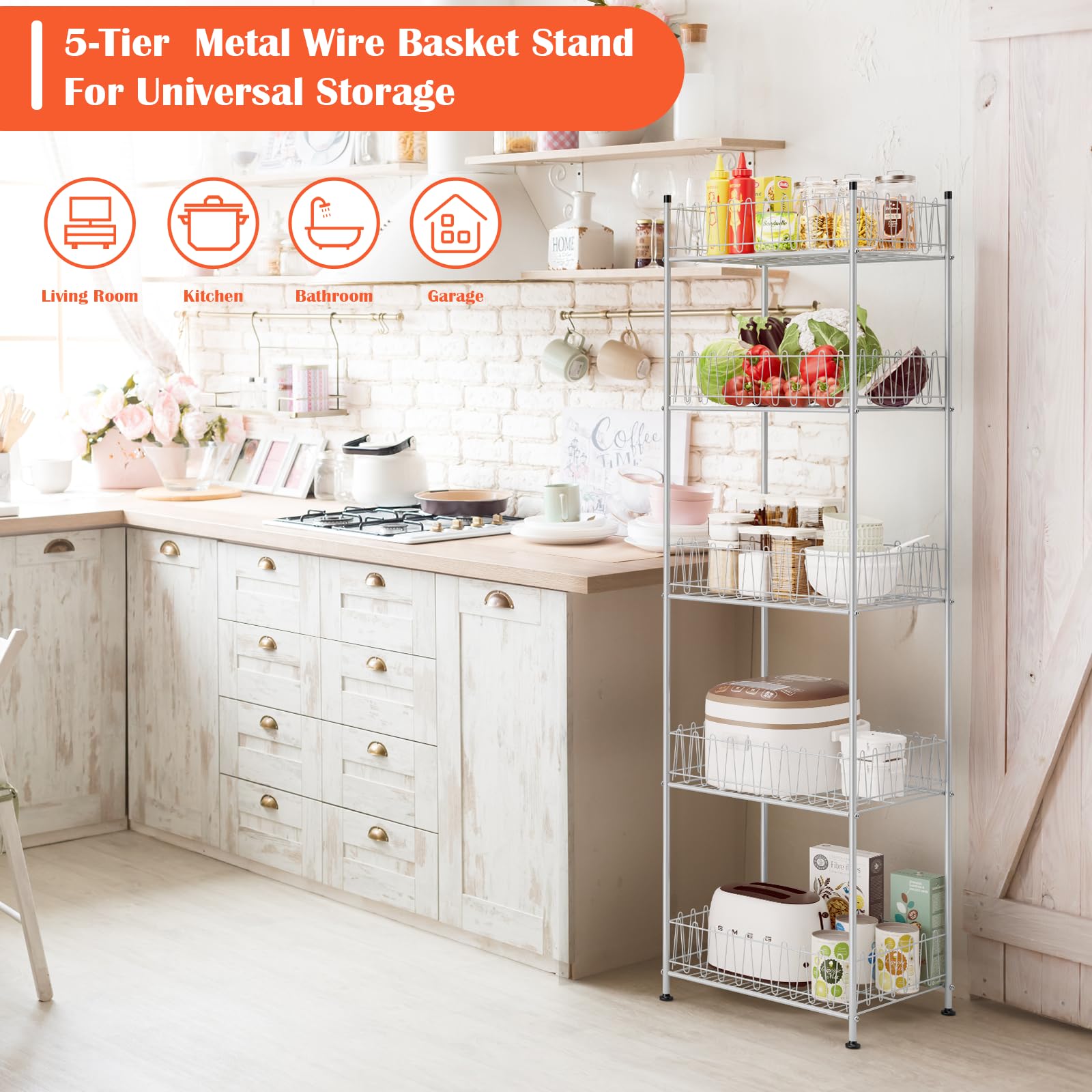 smusei Bathroom Storage Shelf Freestanding Bathroom Shelves Organizer, 5 Tier Bathroom Towel Storage Rack Stand Metal Wire Shelving Units for Small Space Kitchen Pantry Laundry Room, Silver