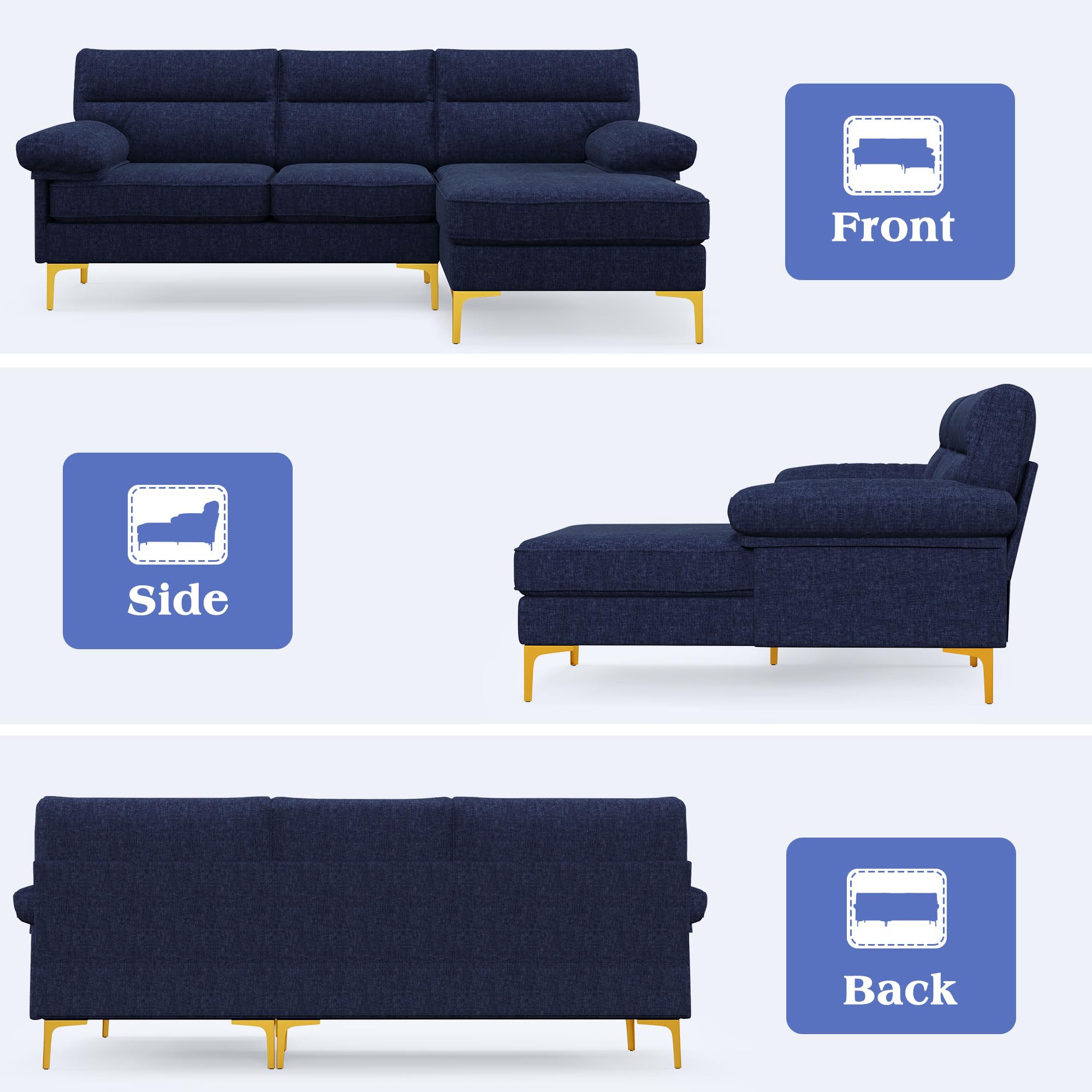 Sectional Couches for Living Room, Modern Chenille Convertible Sofa Bed L-Shaped Couch 3 Seats Sofas with Reversible Wide Chaise & Fluffy Armrests for Small Apartment Compact Spaces Dark Blue