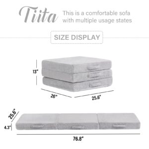 Tiita Tri Foldable Floor Mattress for Adults, 4 inch Single Folding Mattress with Washable and Removable Cover for Camping, Living Room, Guest Room, Plush Grey