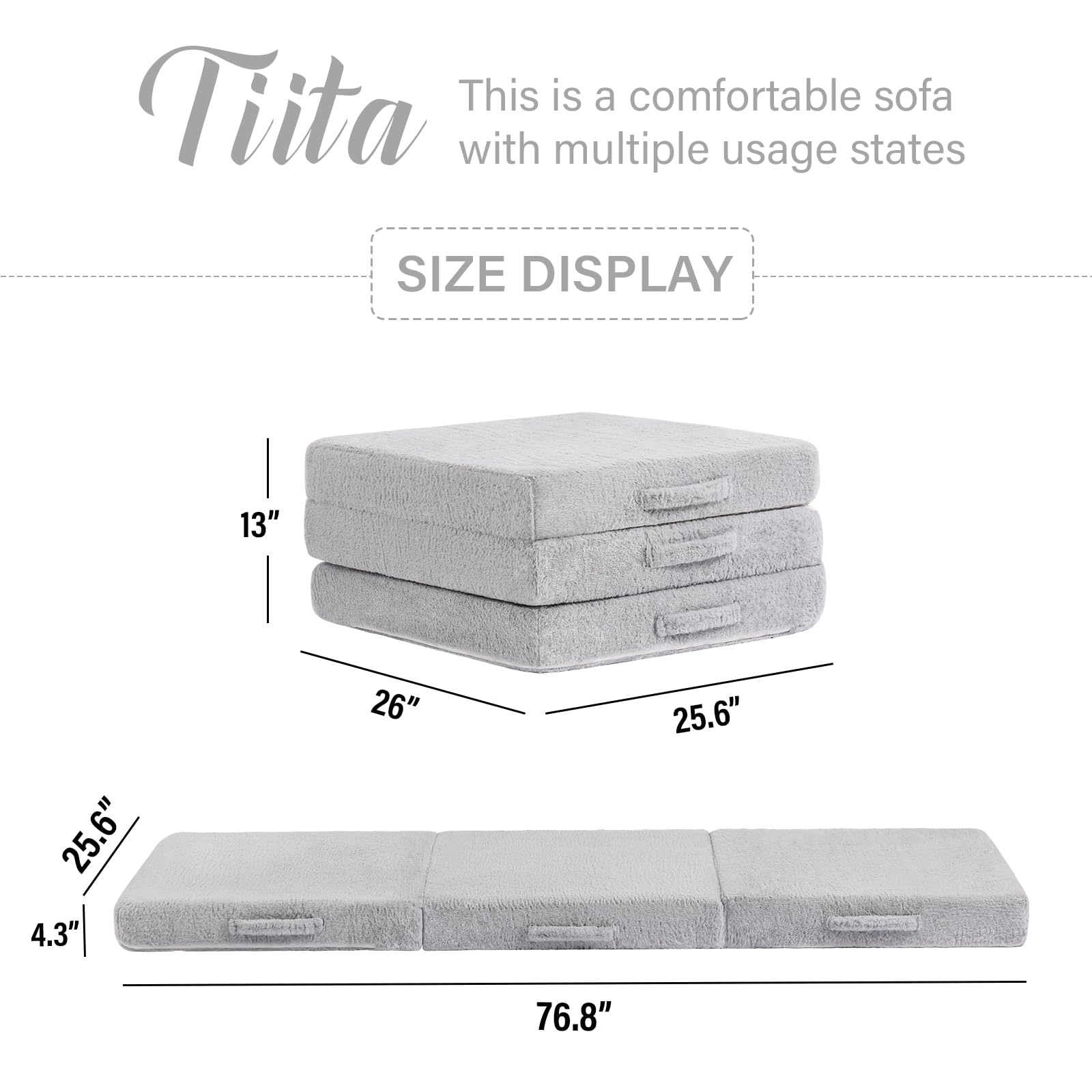 Tiita Tri Foldable Floor Mattress for Adults, 4 inch Single Folding Mattress with Washable and Removable Cover for Camping, Living Room, Guest Room, Plush Grey