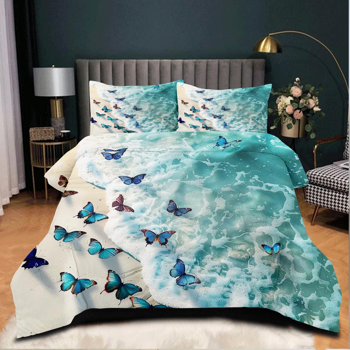 CCoutueChen Sea Butterfly Comforter Set Queen Size Tropical Ocean Beach Bedding Sets Hawaii Coastal Comforter Blue Ocean Animal Bed Set 3Pcs Soft Fluffy Lightweight Comforter (Girls Women Adult)