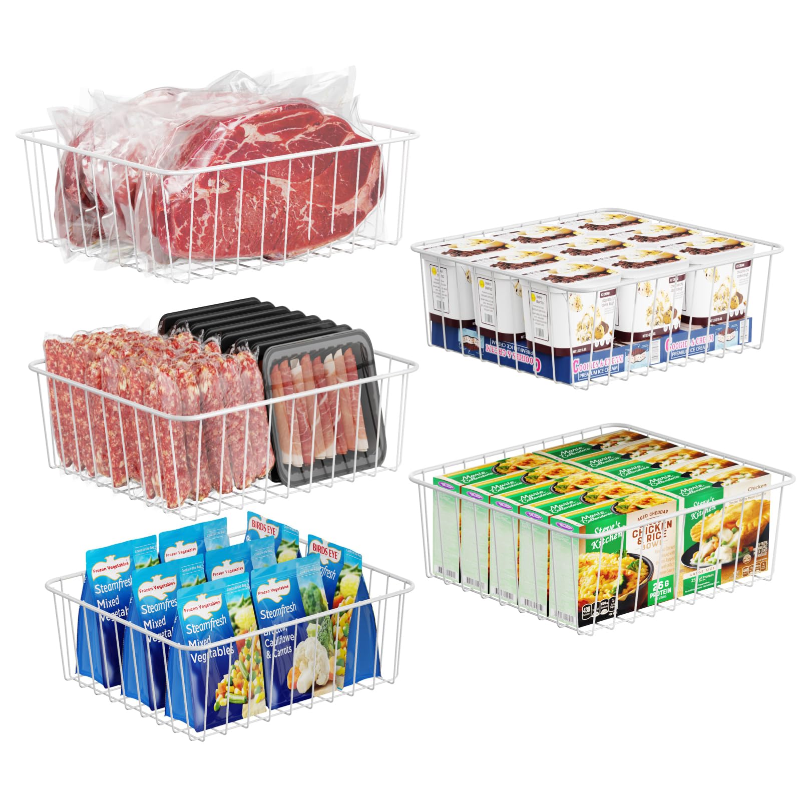 iSPECLE Upright Freezer Organizer Bins - 5 Pack Small Freezer Baskets for 5 / 6 / 6.5 / 6.8 / 7 cu.ft Upright Freezer Easy Get, Food No More Slide off, Allow Air Circulation for Quick Freezing, White