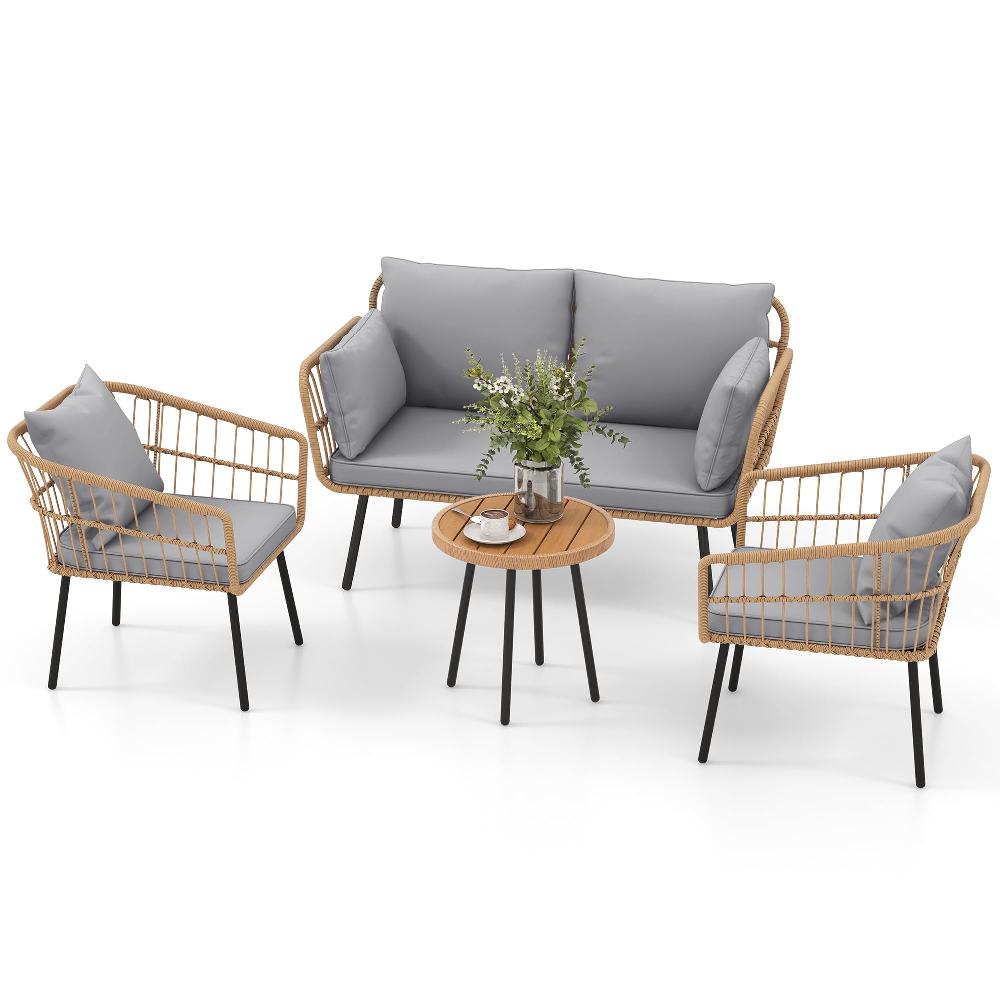 DWVO 4 Pieces Patio Furniture Set, Outdoor Wicker Bistro Set, All-Weather Rattan Conversation Set with Loveseat Chairs Table Soft Cushions for Backyard, Pool, Deck, Garden (Grey)