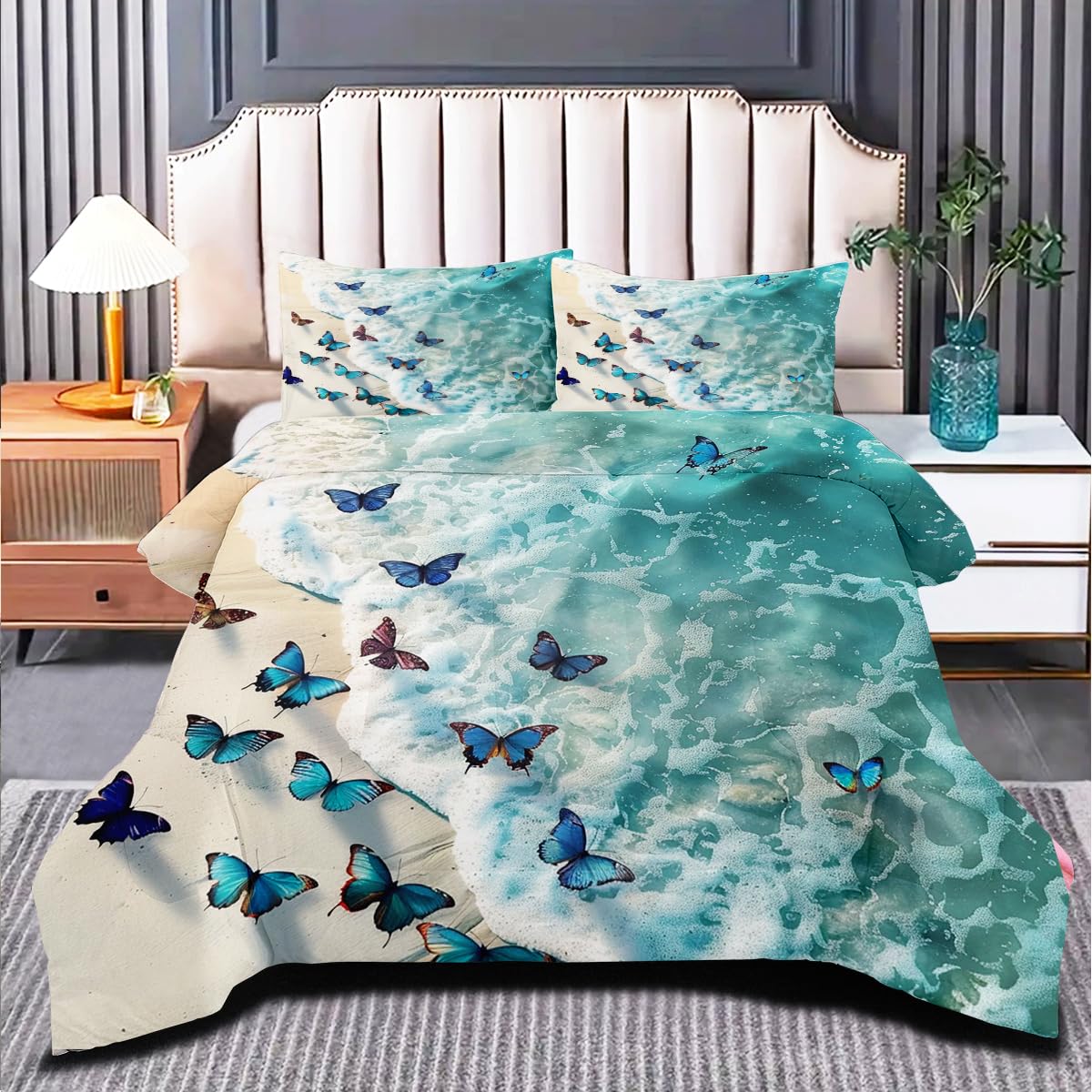 CCoutueChen Sea Butterfly Comforter Set Queen Size Tropical Ocean Beach Bedding Sets Hawaii Coastal Comforter Blue Ocean Animal Bed Set 3Pcs Soft Fluffy Lightweight Comforter (Girls Women Adult)