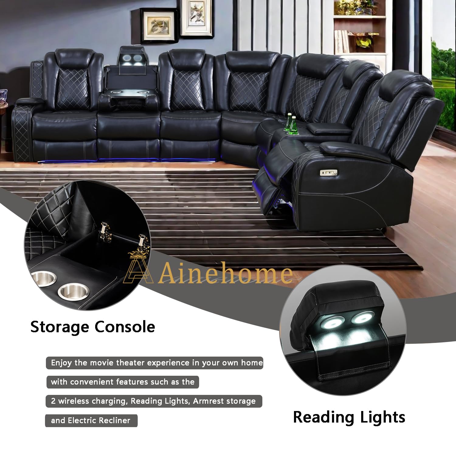 A Ainehome Power Reclining Sectional Sofa Couch with LED Light, Leather Recliner Electric Reclining Sectional Couch Recliner Sofa Set with Cup Holder,USB Port,Storage Console for Living Room (Black)