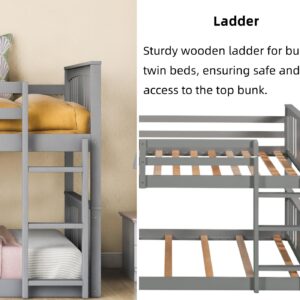 Merax Kids Bunk Bed Twin Over Twin, Wood Low Floor Bunkbed with Stairs Guardrail for Boys, Girls, Toddlers, No Box Spring Required, Grey