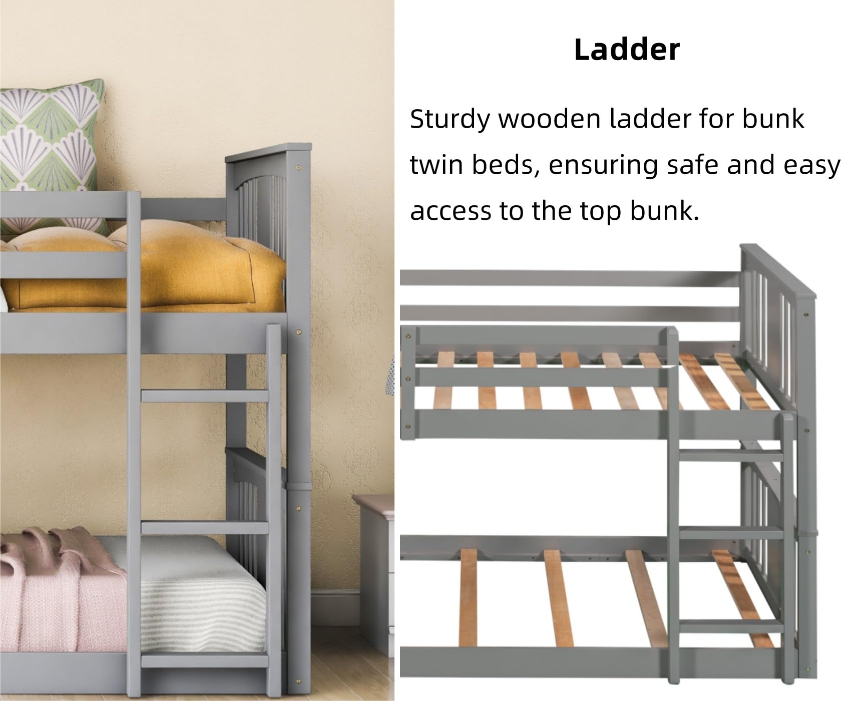 Merax Kids Bunk Bed Twin Over Twin, Wood Low Floor Bunkbed with Stairs Guardrail for Boys, Girls, Toddlers, No Box Spring Required, Grey