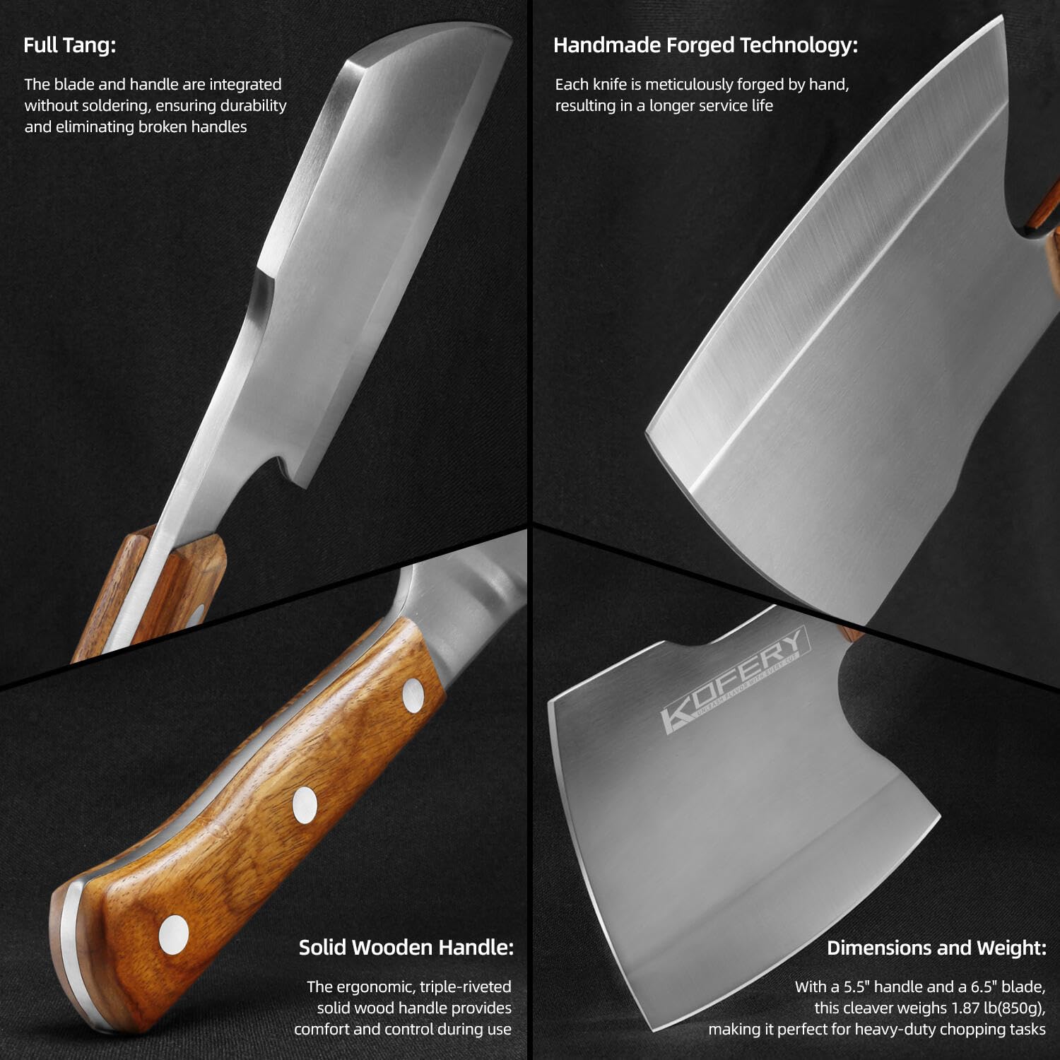 KOFERY Hand Forged Meat Cleaver - Heavy Duty Bone Chopper Axe Knife with Wood Handle, Full Tang Chopping Knife for Kitchen, Camping, BBQ & Outdoor