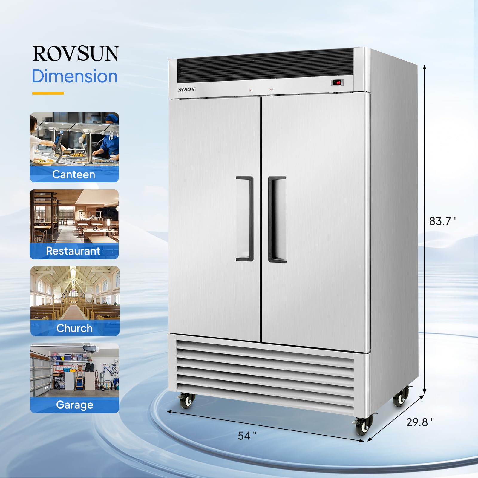 ROVSUN 54"W Commercial Freezer Reach in Freezer ETL NSF Certified, 49 Cu.Ft Upright Freezer Stainless Steel w/ 2 Door Auto Defrosting LED Light Adjustable Shelves for Restaurant Cafe Garage