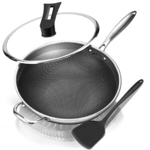 BigNoseDeer Wok Pan With lid Hybrid Nonstick 12.5Inch Honeycomb work With Handle Woks & Stir-Fry Pans Nonstick PFOA Free Cookware Suitable for Induction Ceramic Electric and Gas Cooktops