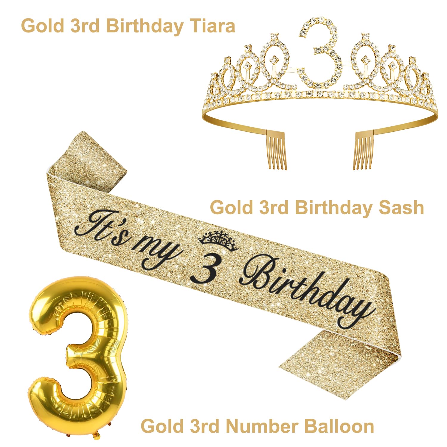 3rd Birthday Decorations for Girls, Including 3rd Birthday Sash and Tiara, Cake Topper and Candle 3, Number 3 Balloon Gold, 3 Birthday Gifts for Girls, 3 Birthday Party Decorations (Gold)