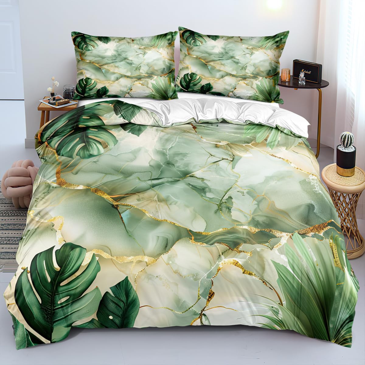 CCoutueChen White Gold Marble Comforter Bedding Set King Size Green Palm Leaf Bed Sets Summer Comforter Insert Tropical Botanical Leaves Bedding 3Pcs Soft Lightweight Comforter(Girls Women Adult)