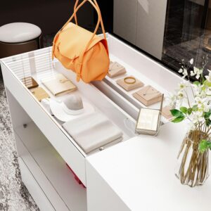 MOUMON Makeup Vanity Storage Island with Drawers and Shelves, Wardrobe Closet Island with Glass Tabletop, for Dressing Room Cloakroom White (47.2”W x 23.6”D x 31.5”H)