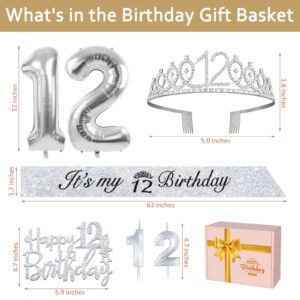 12th Birthday Decorations for Girls Silver, Including 12th Birthday Sash, Crown/Tiara, Candles and Cake Toppers, Silver Number 12 Balloons, 12 Year Old Birthday Party Decorations for A Girl