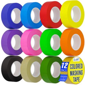 12 pack colored masking tape, 396 ft x 0.6 inch mini colored painters tape for arts & crafts labeling or coding, kids art supplies color tape rolls, washi-scale colorful masking tape, diy artist tapes