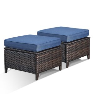 bellefurn patio ottomans set of 2 outdoor ottomans wicker foot stools 2 piece footrest pe rattan ottomans with thickened cushions for patio garden porch balcony poolside deck, brown|blue