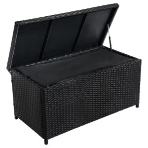 outdoor 70 gallon wicker storage box with waterproof liner, patio pe rattan storage container for outside, deck box with hinged lid for cushions, pillows, towels, horizontal bin, black